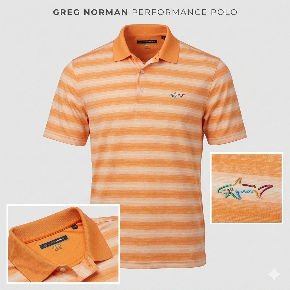 Greg Norman Polo Shirt Mens XXL Orange White Striped Play Dry EUC Golf‎ Logo